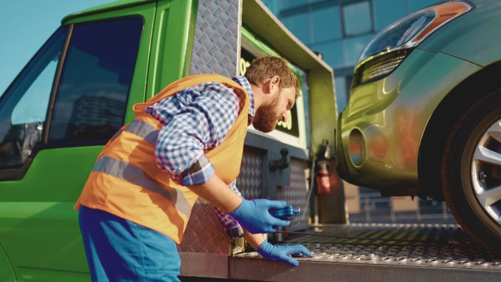 Roadside assistance worker loading a car onto a tow truck